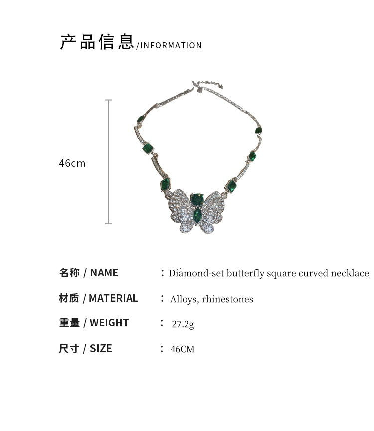 Alloy silver pins and diamonds, butterfly and emerald square earrings necklace set will not fade