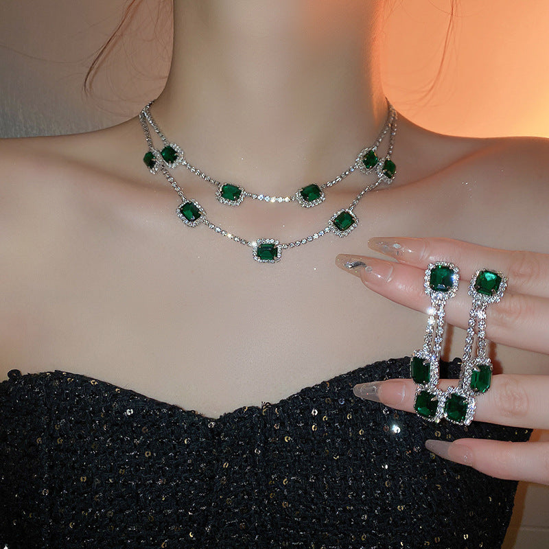Alloy vintage geometric emerald earrings necklace set