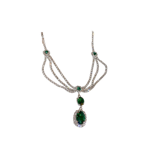 Alloy silver pins and diamonds multi-layered emerald and zircon necklace earrings set will not fade