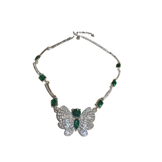 Alloy silver pins and diamonds, butterfly and emerald square earrings necklace set will not fade