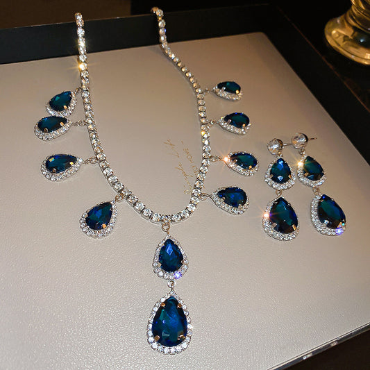 Alloy silver pin drop diamond sapphire blue earring necklace set